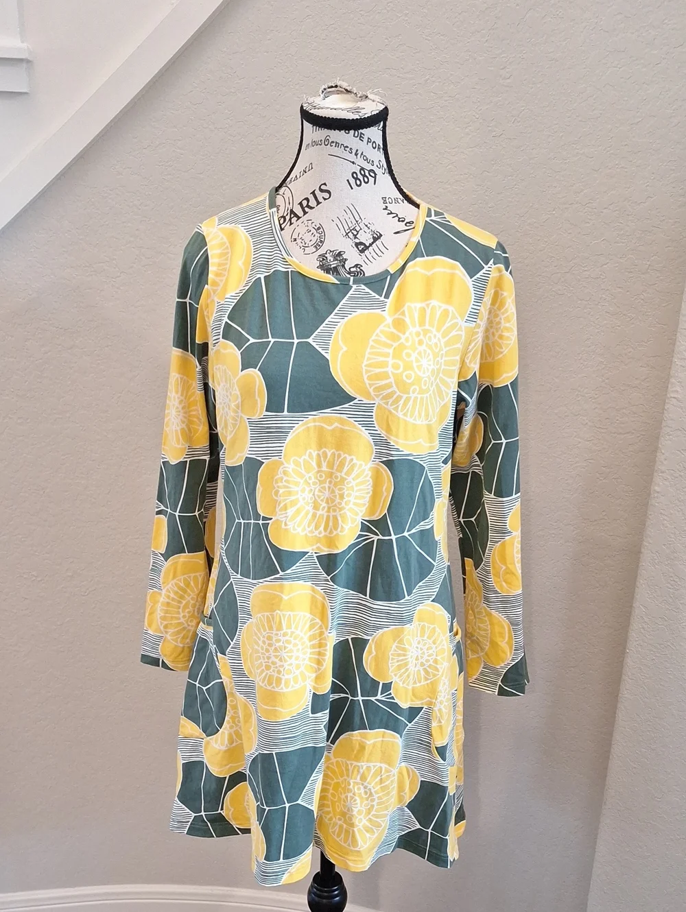 PaaPii Finland Kannel Tunic Organic Cotton Yellow & Green Floral Lagenlook LARGE